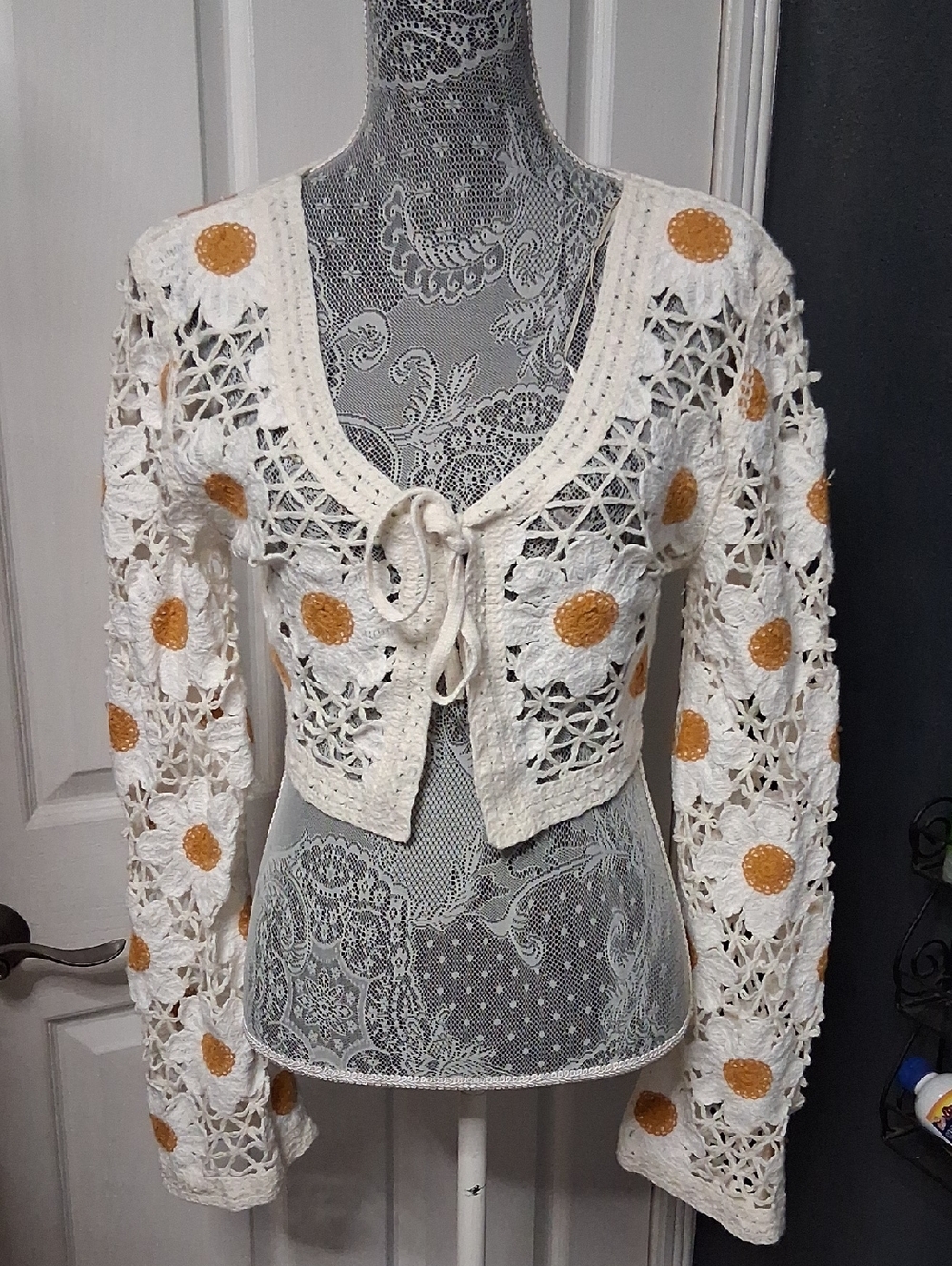 moon & madison Cream Crochet Tie-Front Cardigan with Mustard Daisy Details
